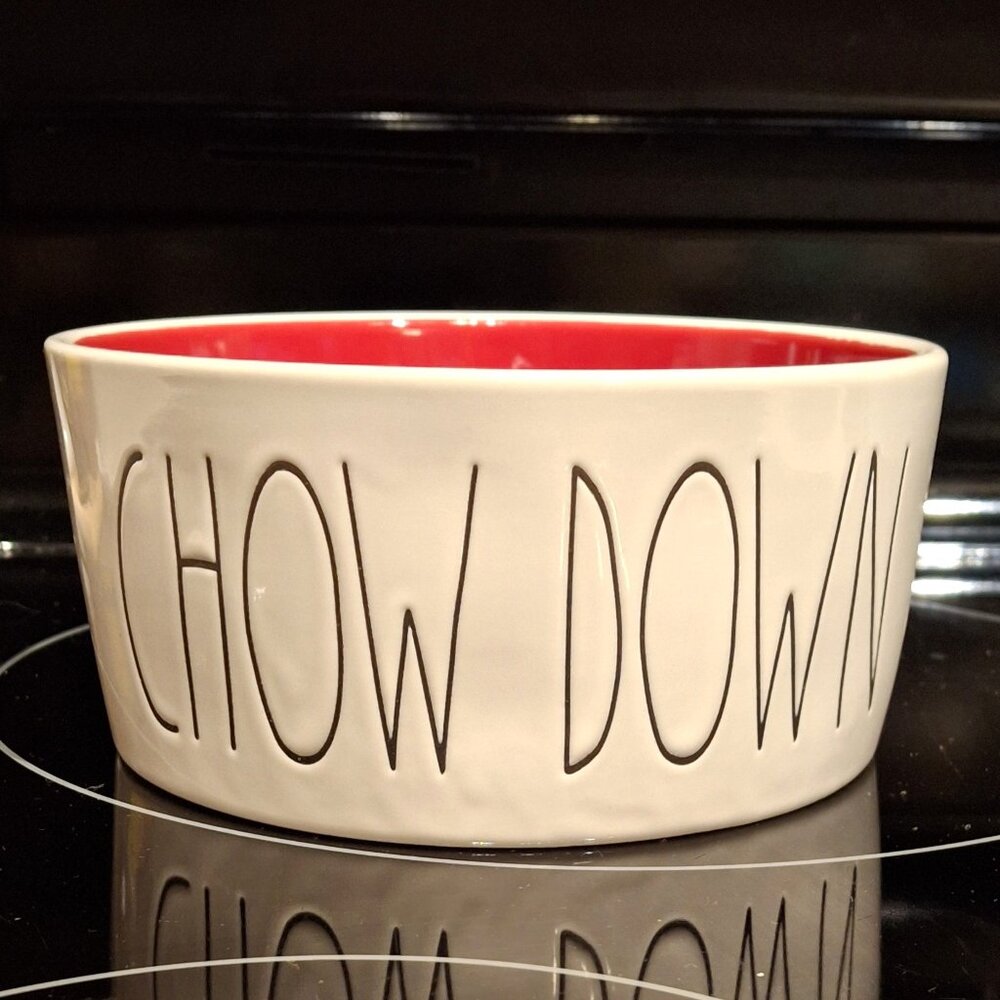Rae Dunn “CHOW DOWN” Pet Bowl – White w/ Red Interior 🐾